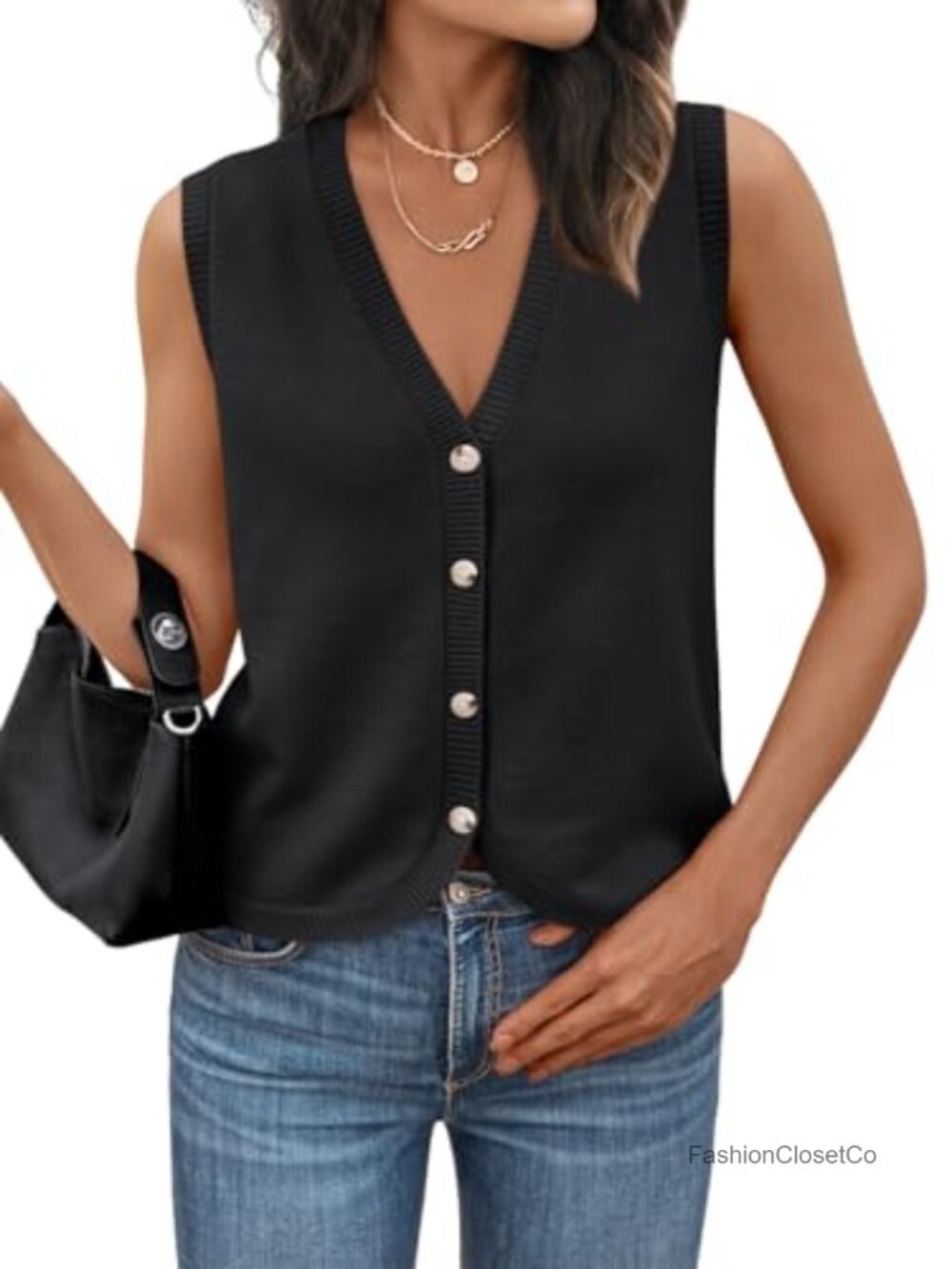 Sleeveless V-Neck Button Down Sweater Vest - Casual Knit Top
